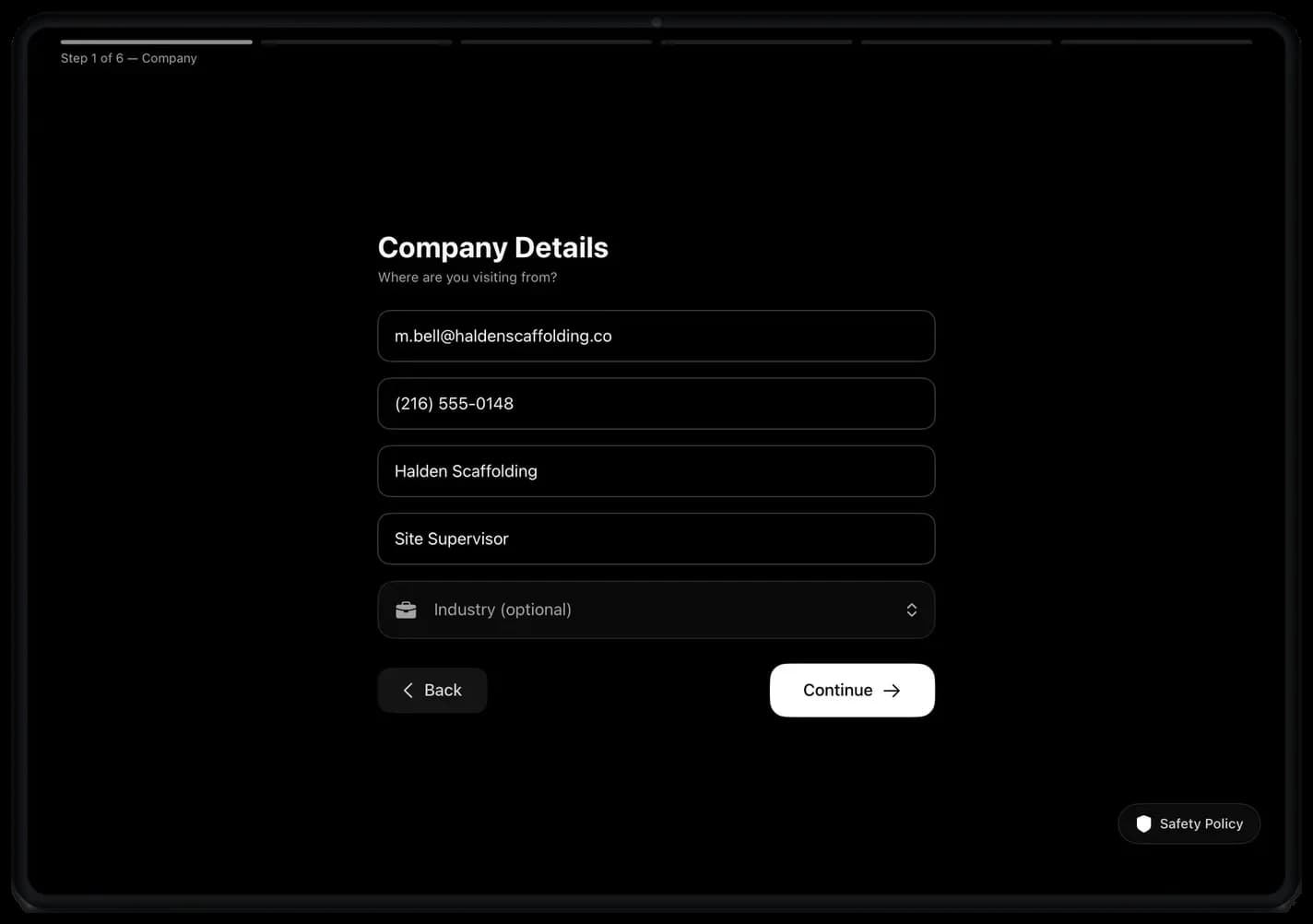 Kiosk company details step with email, phone, company and role fields
