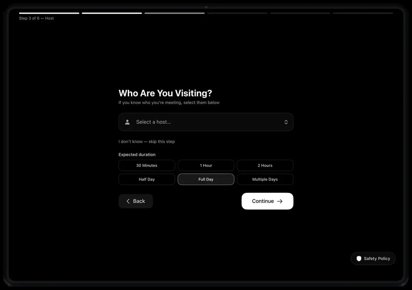 Kiosk host selection step with expected visit duration options
