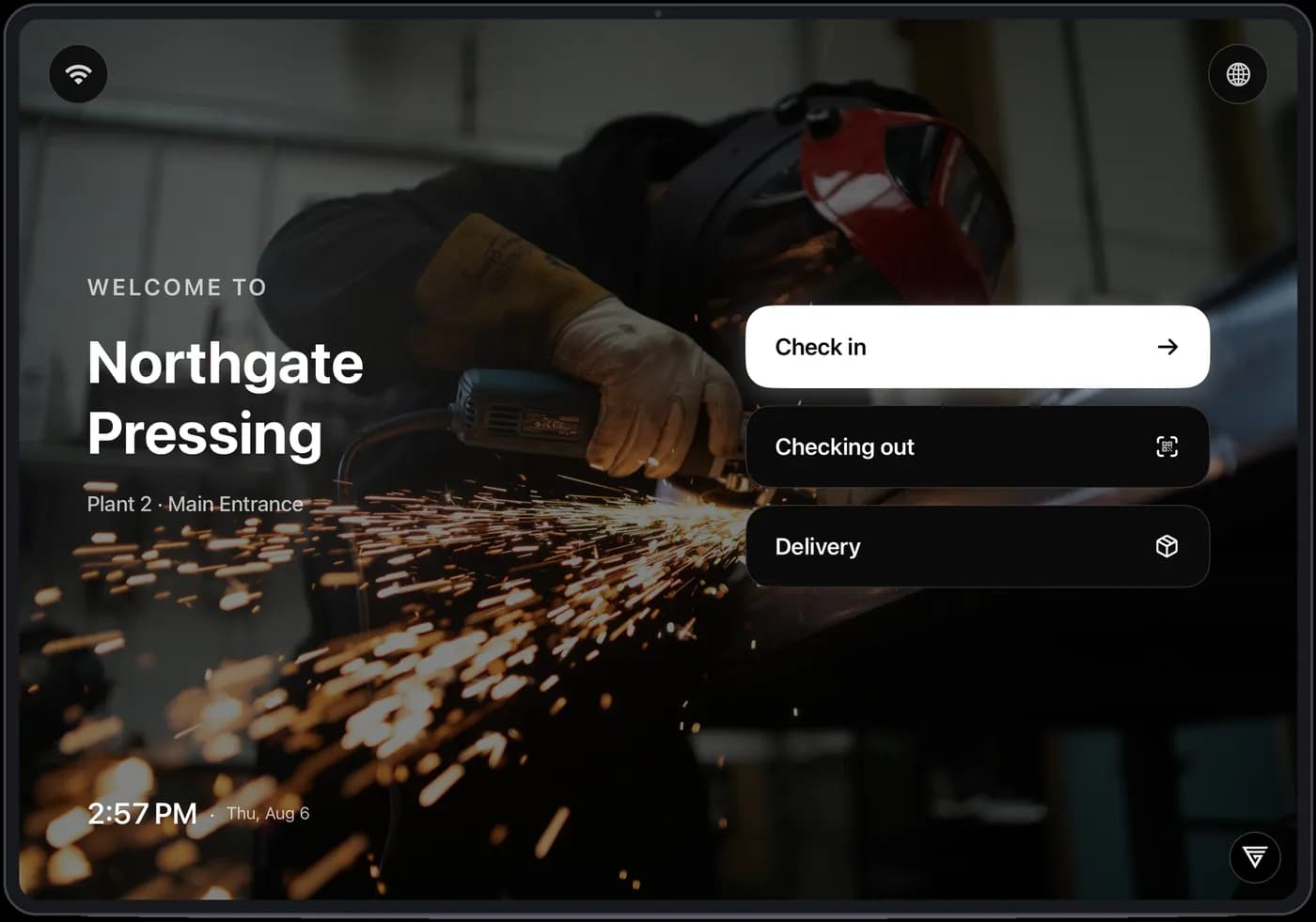 GatesFlow visitor kiosk on a tablet at a pressing plant entrance, showing Check in, Checking out and Delivery options