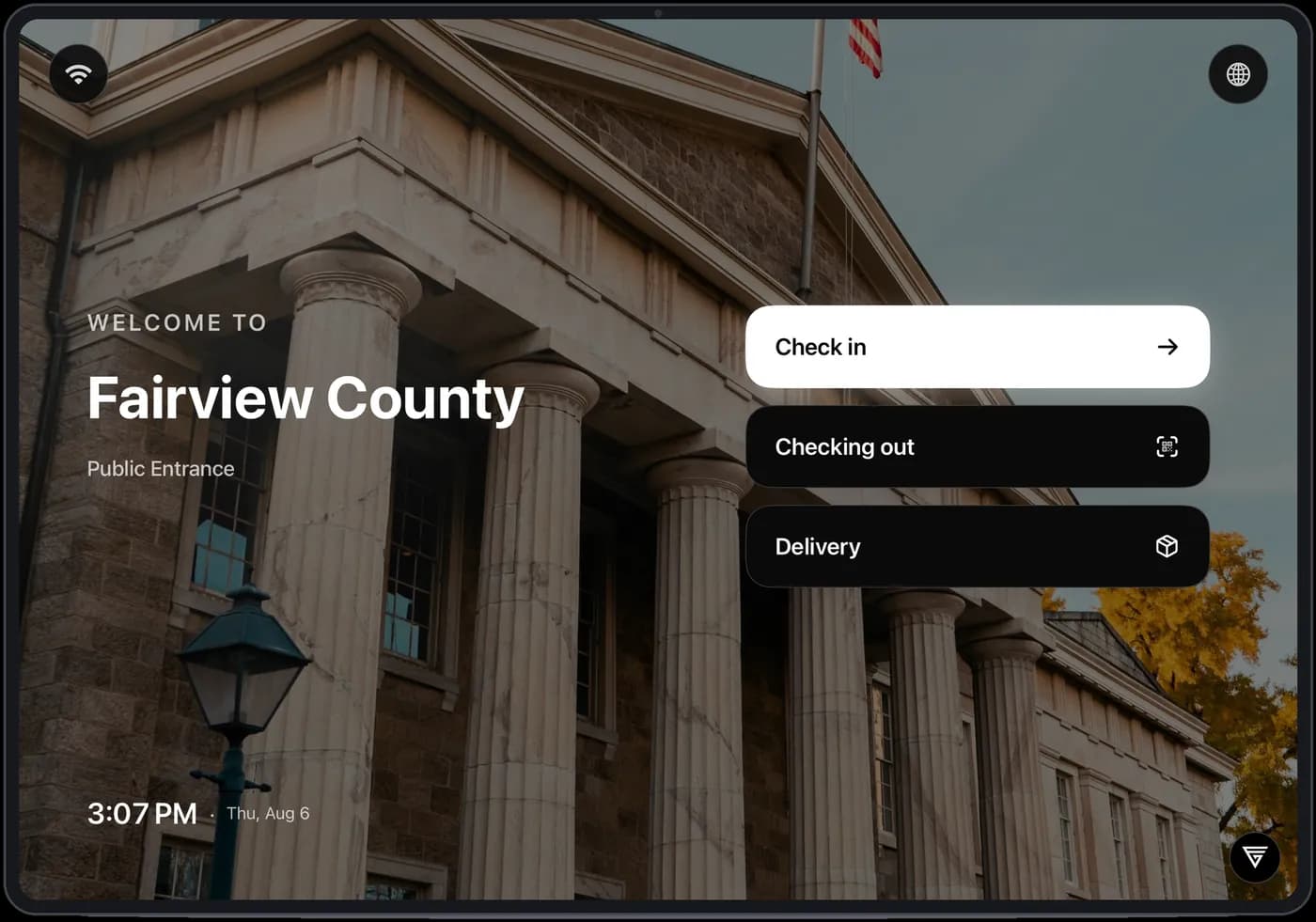 Visitor kiosk at a county building public entrance