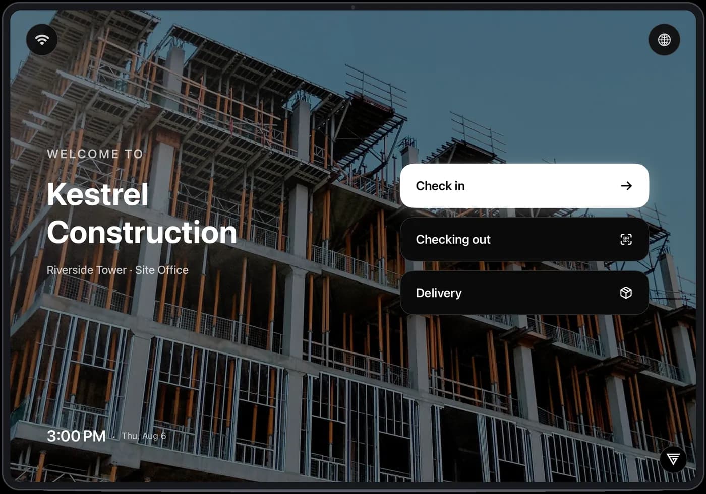 Visitor kiosk tablet at a construction site office, showing Check in, Checking out and Delivery options