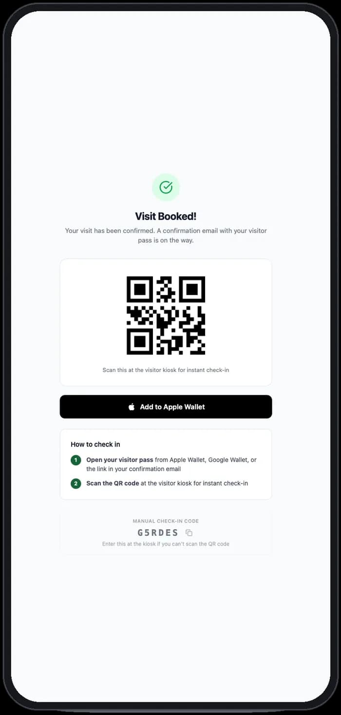 Phone showing a confirmed visit with a QR pass, Add to Apple Wallet button and a manual check-in code