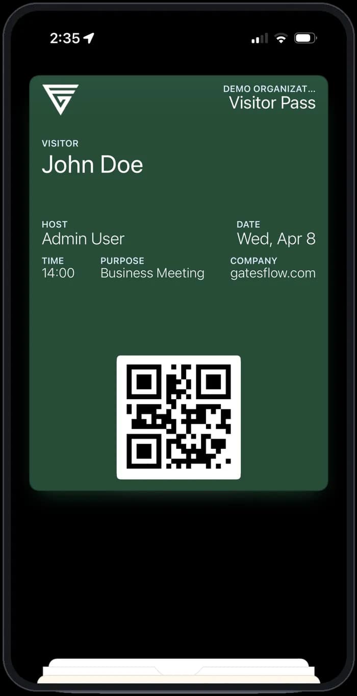 Apple Wallet visitor pass showing visitor name, host, date, time, purpose and a QR code