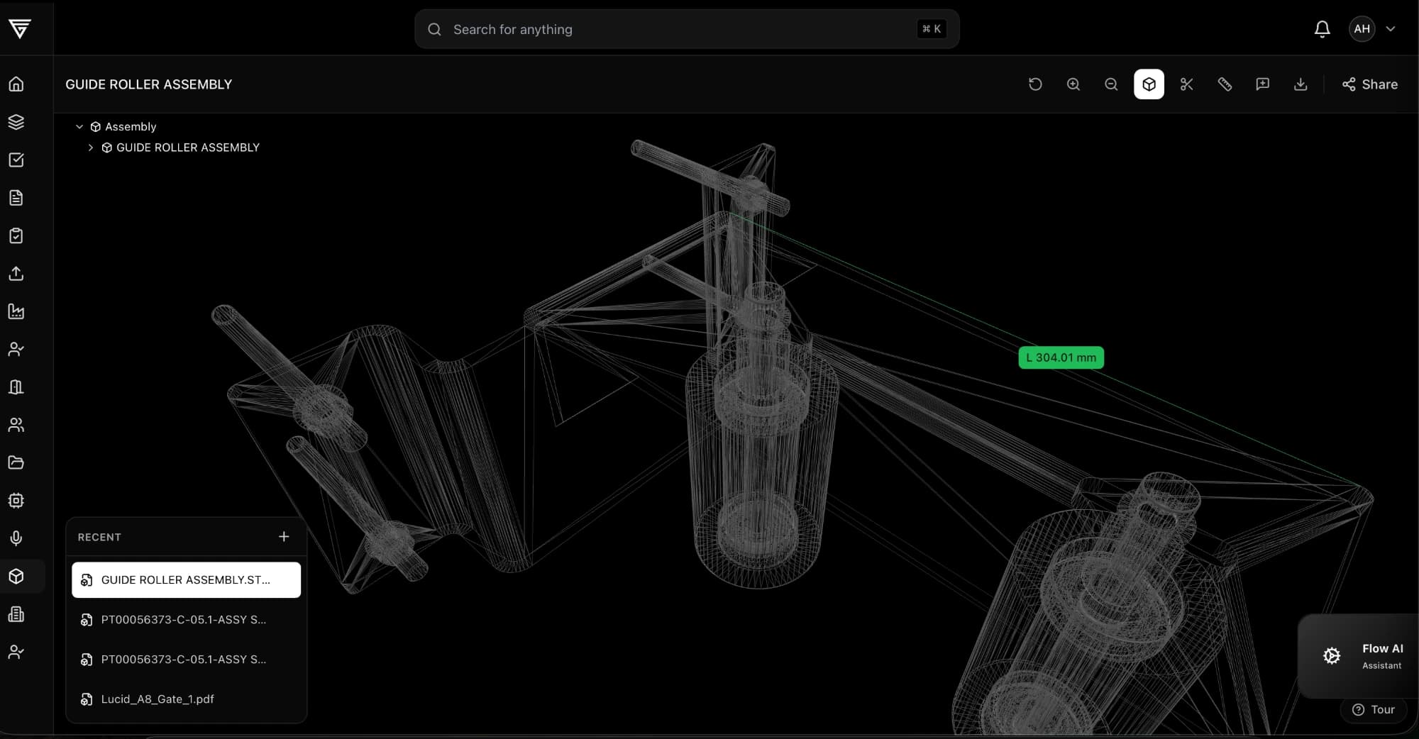 Free online CAD viewer measuring a STEP assembly in the browser — a 304 mm dimension attached directly to the 3D model