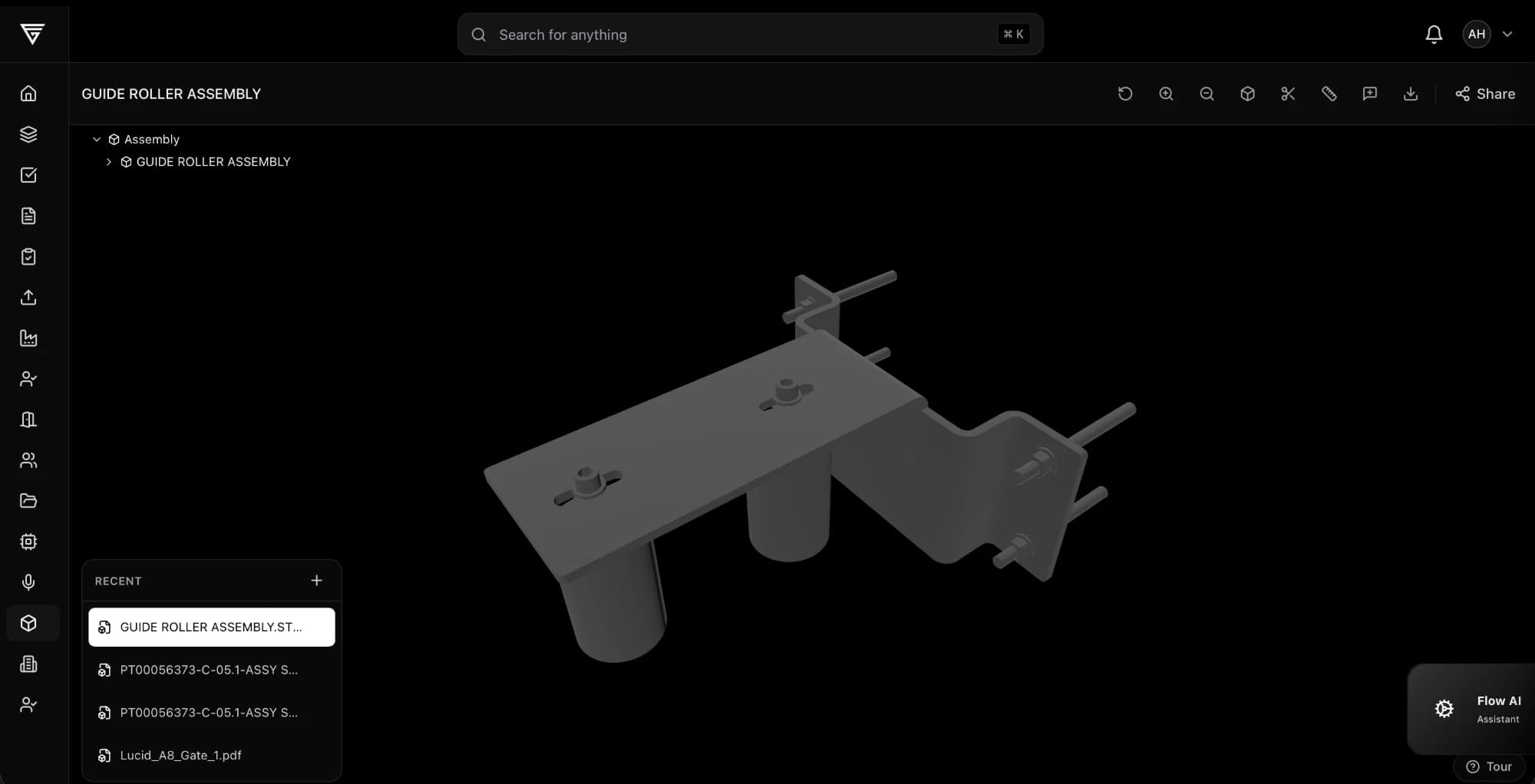 STEP file assembly opened in the free GatesFlow CAD viewer with the component tree visible