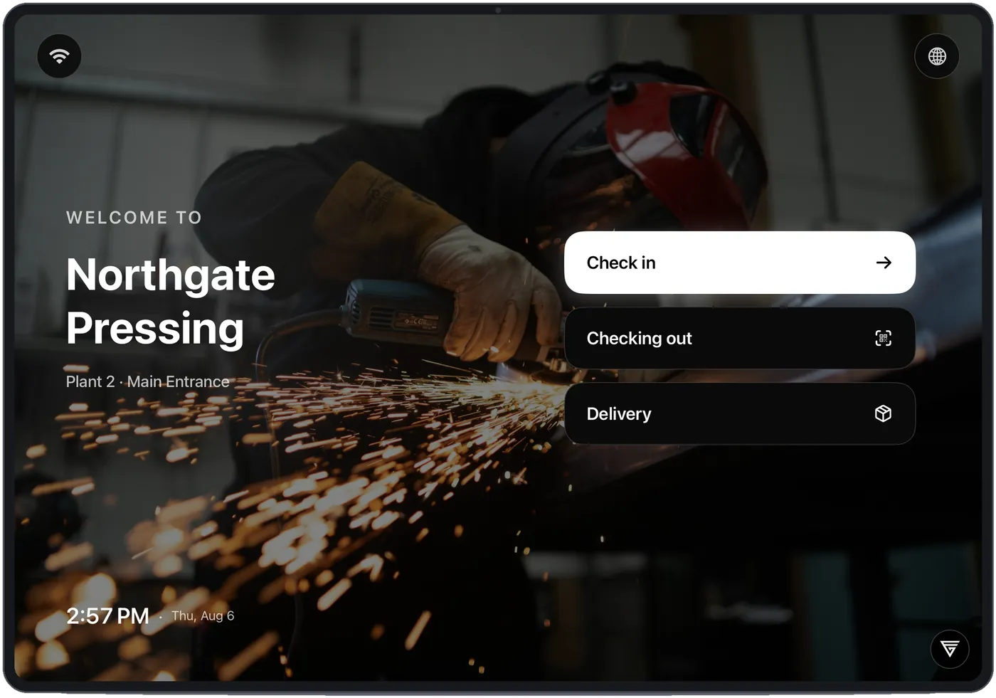 GatesFlow visitor kiosk on a tablet at a pressing plant entrance, showing Check in, Checking out and Delivery options