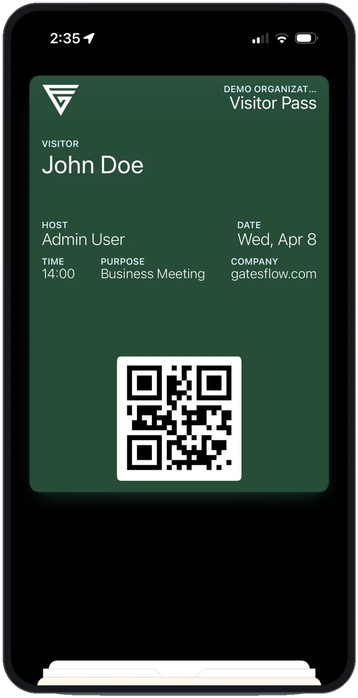 Apple Wallet visitor pass showing visitor name, host, date, time, purpose and a QR code