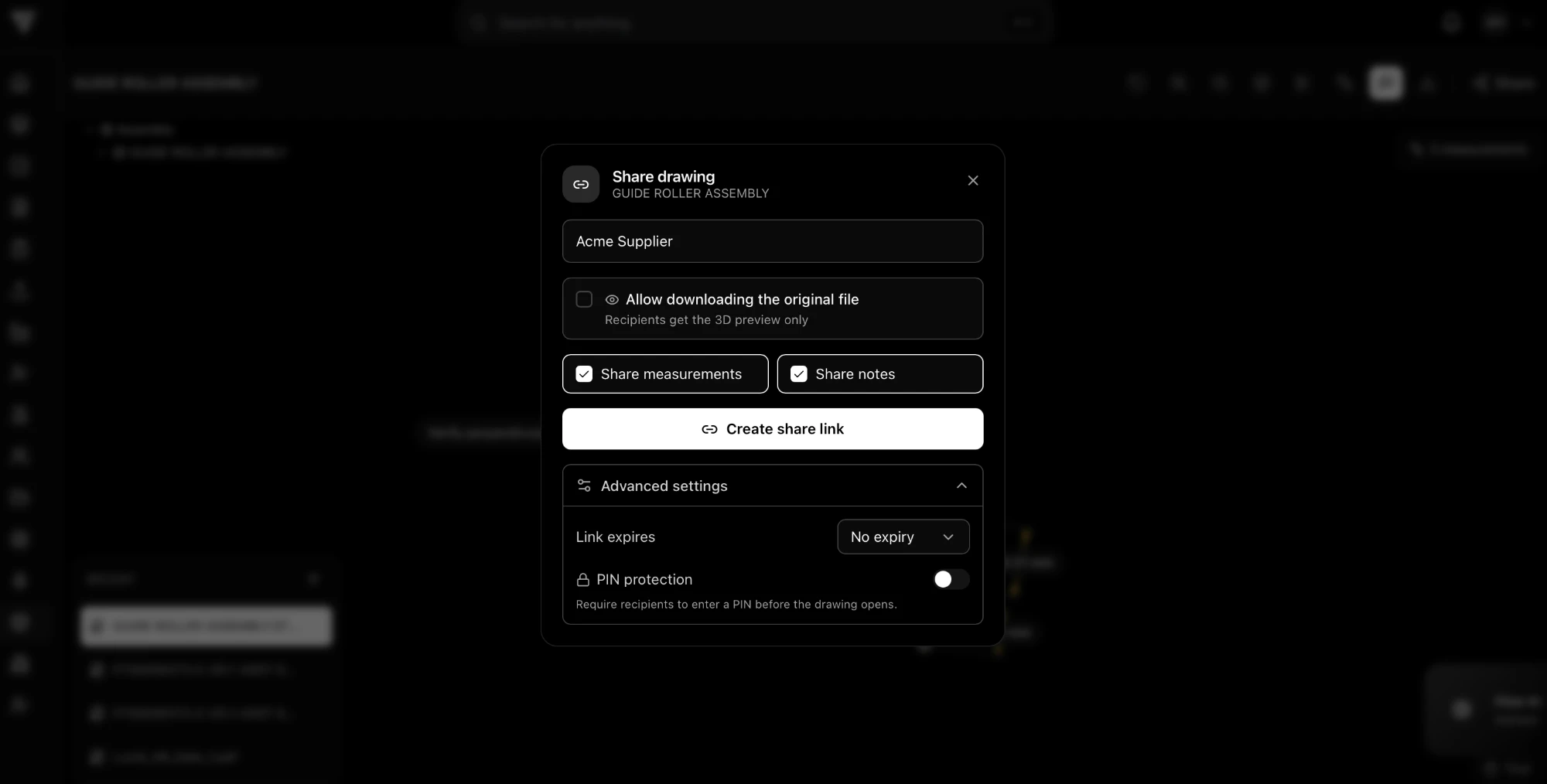 Creating a share link for a CAD drawing: 3D-preview-only by default, with optional download permission, link expiry, and PIN protection.