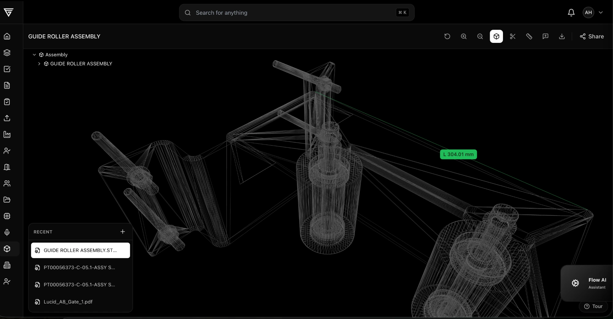 A STEP assembly measured in the free GatesFlow online CAD viewer — the dimension is attached to the model geometry, in the browser.