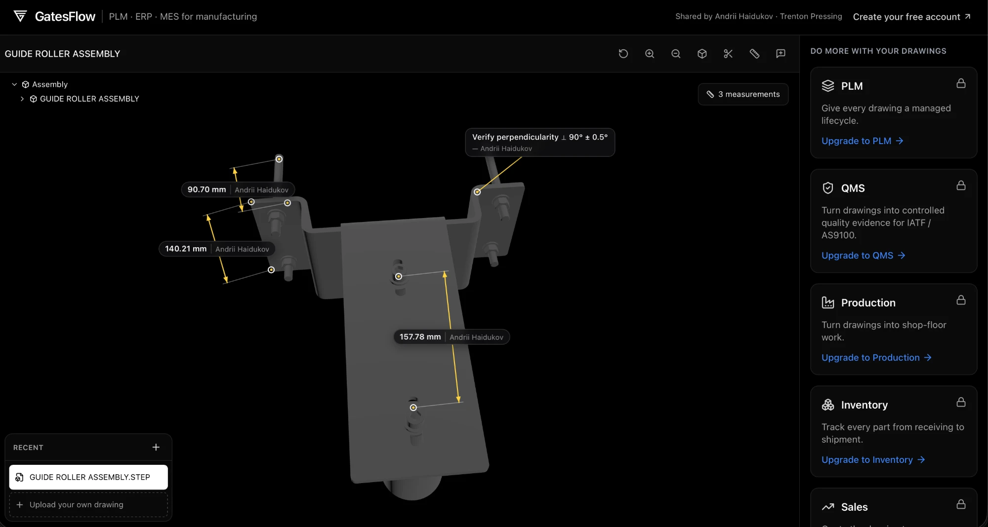 What a supplier sees when you share a CAD model by link: the assembly with measurements and annotations, viewable in the browser with no CAD license.